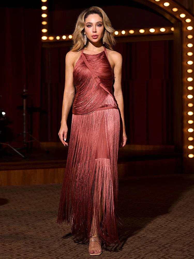 Halter Sleeveless Tassel Patchwork Bandage Dress Backless Fringe Party