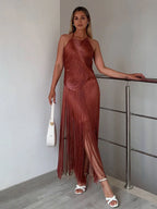 Halter Sleeveless Tassel Patchwork Bandage Dress Backless Fringe Party