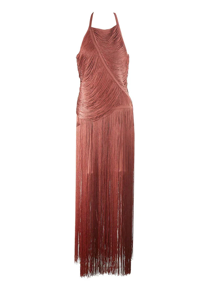 Halter Sleeveless Tassel Patchwork Bandage Dress Backless Fringe Party