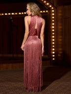 Halter Sleeveless Tassel Patchwork Bandage Dress Backless Fringe Party