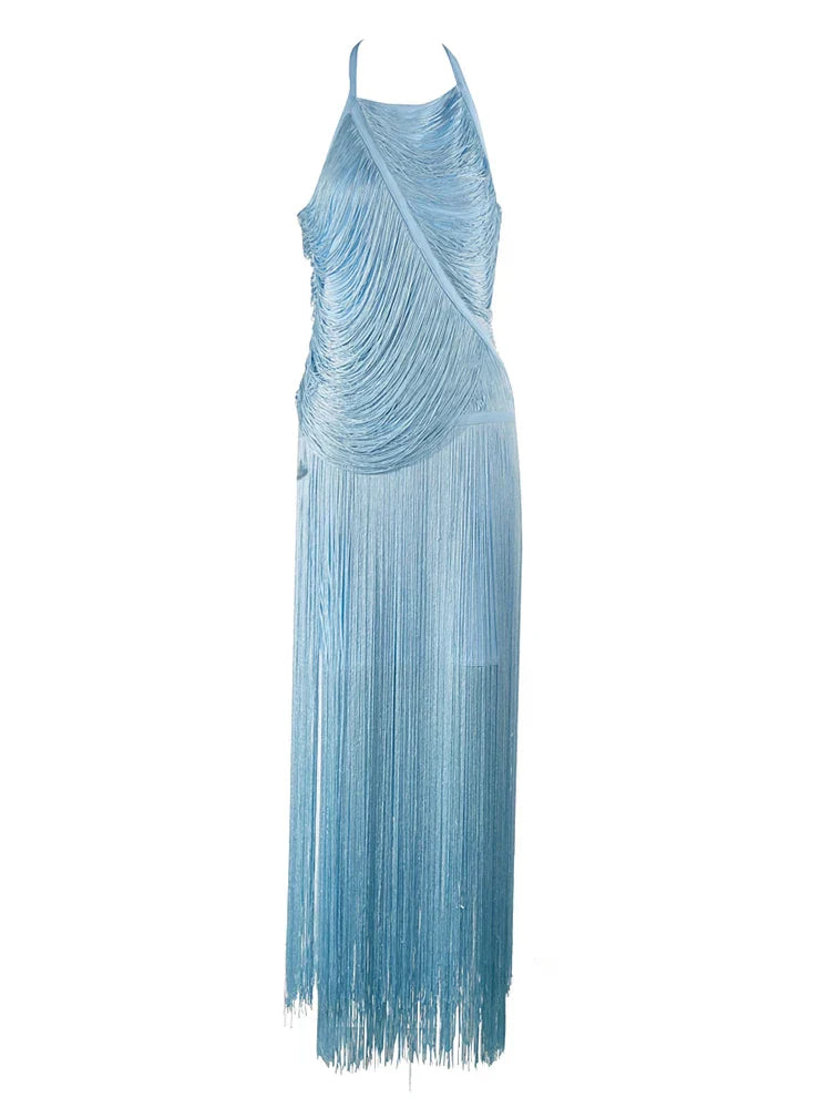 Halter Sleeveless Tassel Patchwork Bandage Dress Backless Fringe Party