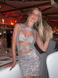 Luxury Diamonds 3D Flowers Mini Dress Sleeveless Cut Out Sparkly Party