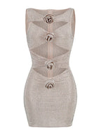 Luxury Diamonds 3D Flowers Mini Dress Sleeveless Cut Out Sparkly Party