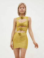 Luxury Diamonds 3D Flowers Mini Dress Sleeveless Cut Out Sparkly Party