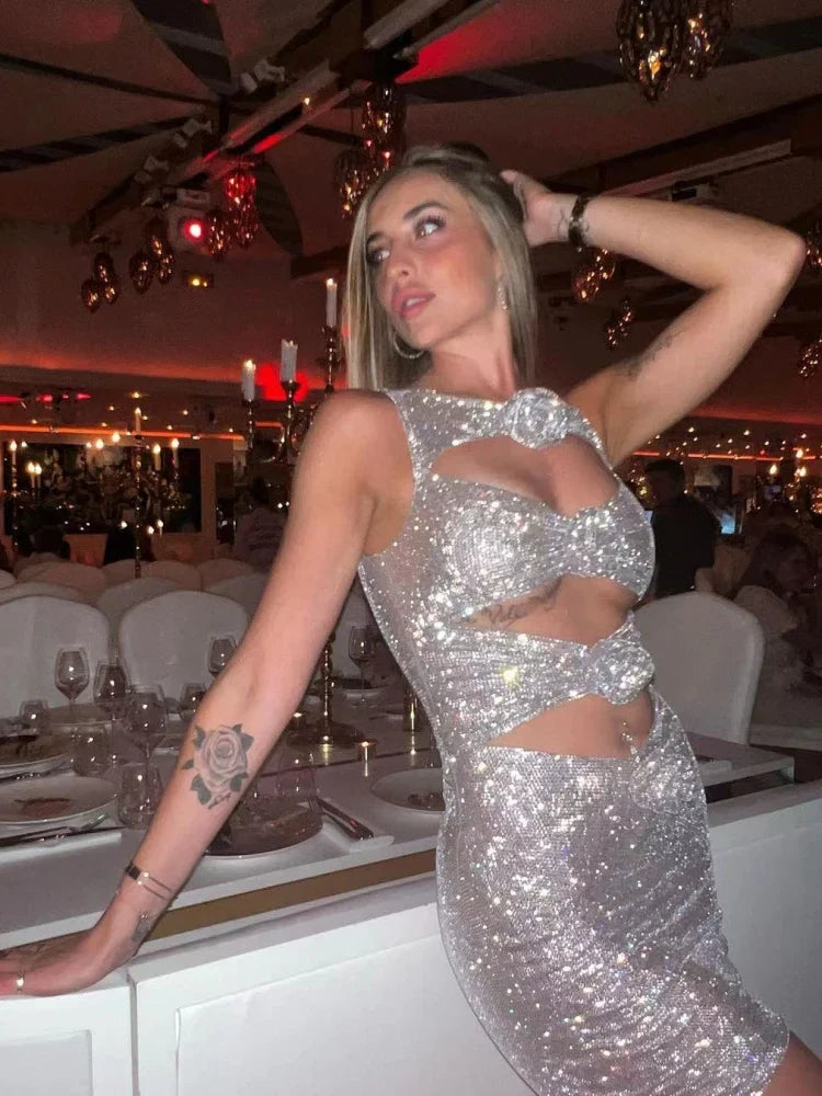 Luxury Diamonds 3D Flowers Mini Dress Sleeveless Cut Out Sparkly Party