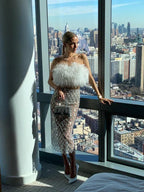 Luxury Sequins Feather Strapless Top Skirt Two Piece Set Party Dress