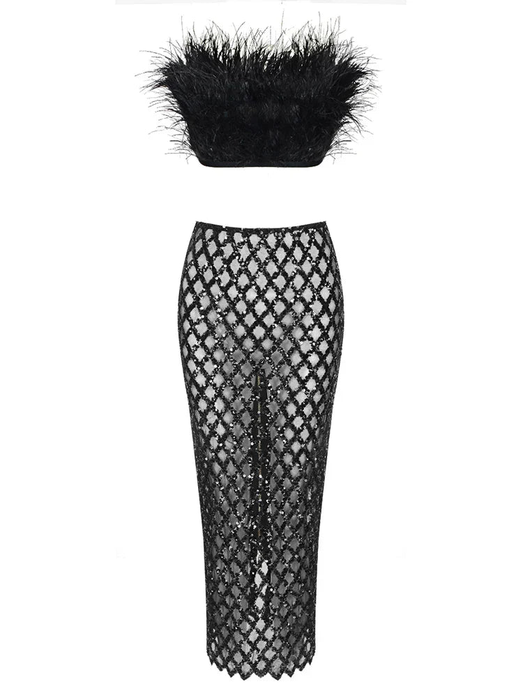 Luxury Sequins Feather Strapless Top Skirt Two Piece Set Party Dress