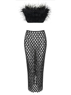 Luxury Sequins Feather Strapless Top Skirt Two Piece Set Party Dress