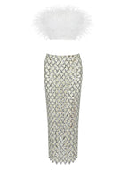 Luxury Sequins Feather Strapless Top Skirt Two Piece Set Party Dress