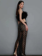 Luxury Sequins Feather Strapless Top Skirt Two Piece Set Party Dress