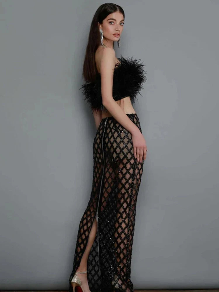 Luxury Sequins Feather Strapless Top Skirt Two Piece Set Party Dress