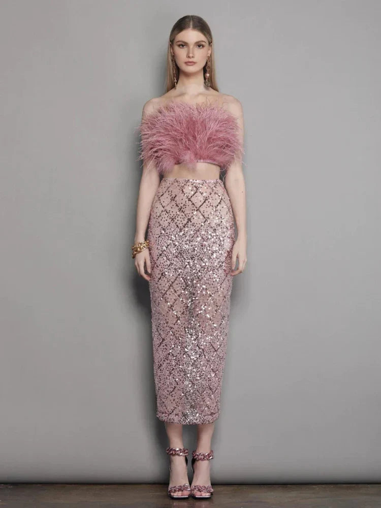 Luxury Sequins Feather Strapless Top Skirt Two Piece Set Party Dress