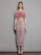 Luxury Sequins Feather Strapless Top Skirt Two Piece Set Party Dress