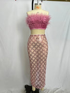 Luxury Sequins Feather Strapless Top Skirt Two Piece Set Party Dress