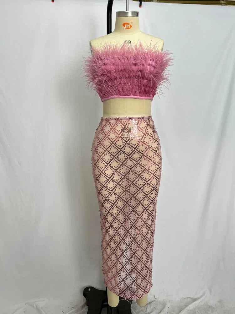 Luxury Sequins Feather Strapless Top Skirt Two Piece Set Party Dress