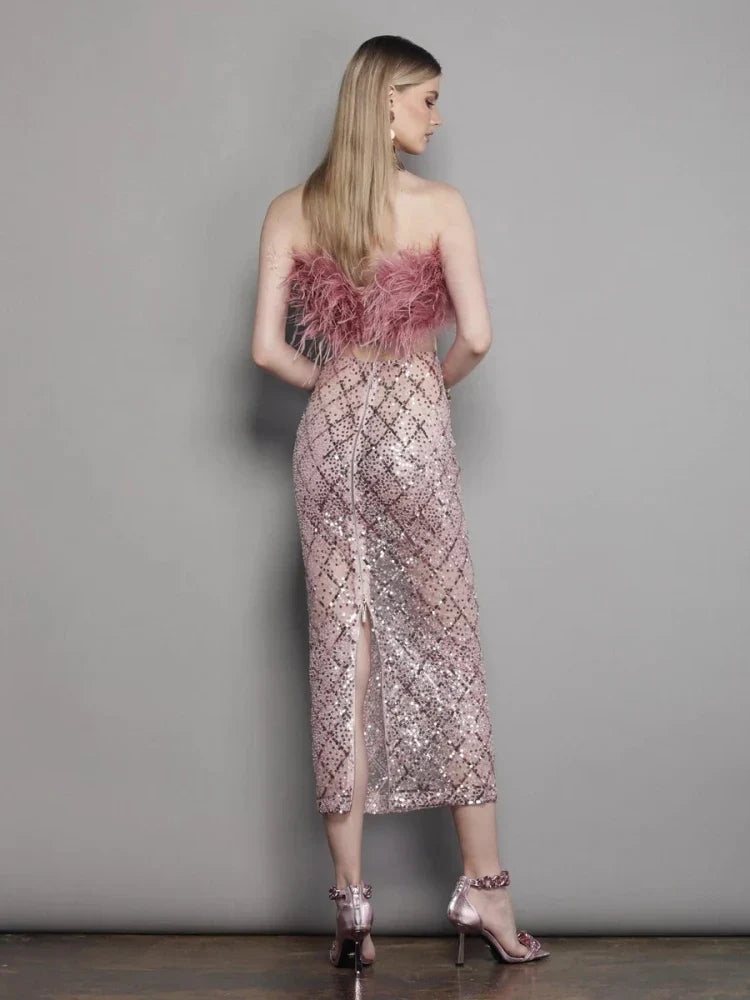 Luxury Sequins Feather Strapless Top Skirt Two Piece Set Party Dress