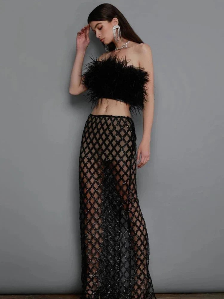 Luxury Sequins Feather Strapless Top Skirt Two Piece Set Party Dress