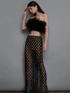 Luxury Sequins Feather Strapless Top Skirt Two Piece Set Party Dress