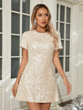 O Neck Short Sleeve Shiny Sequins Beaded Mini Elegant Party Dress