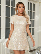 O Neck Short Sleeve Shiny Sequins Beaded Mini Elegant Party Dress