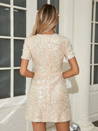 O Neck Short Sleeve Shiny Sequins Beaded Mini Elegant Party Dress