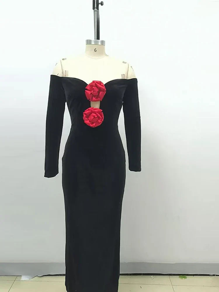 Off Shoulder V Neck Hollow Out Flower Dress Women Party