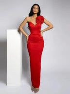One Shoulder Diamonds Flower Patchwork Maxi Red Party Dress