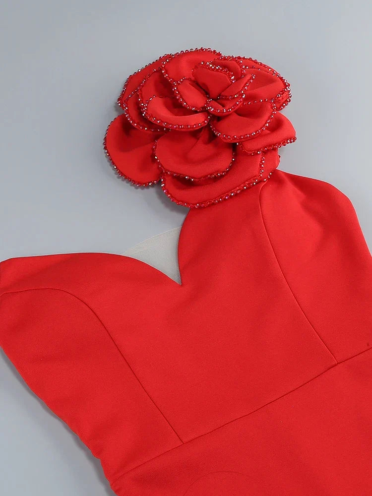 One Shoulder Diamonds Flower Patchwork Maxi Red Party Dress