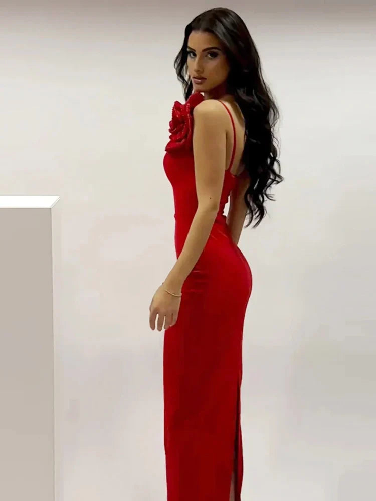 One Shoulder Diamonds Flower Patchwork Maxi Red Party Dress