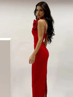 One Shoulder Diamonds Flower Patchwork Maxi Red Party Dress