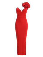 One Shoulder Diamonds Flower Patchwork Maxi Red Party Dress