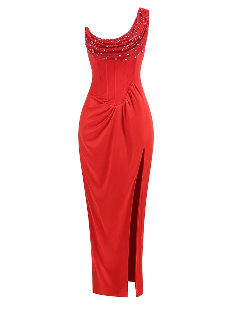 One Shoulder Embroidered Flares Slim Red Mesh Beaded Party Dress