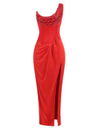 One Shoulder Embroidered Flares Slim Red Mesh Beaded Party Dress