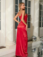 One Shoulder Embroidered Flares Slim Red Mesh Beaded Party Dress