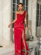 One Shoulder Embroidered Flares Slim Red Mesh Beaded Party Dress