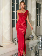 One Shoulder Embroidered Flares Slim Red Mesh Beaded Party Dress