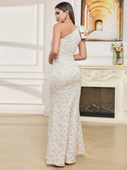 One Shoulder Flower Jacquard Long Sleeveless Folds Party Dress