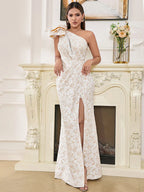 One Shoulder Flower Jacquard Long Sleeveless Folds Party Dress