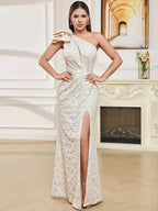 One Shoulder Flower Jacquard Long Sleeveless Folds Party Dress