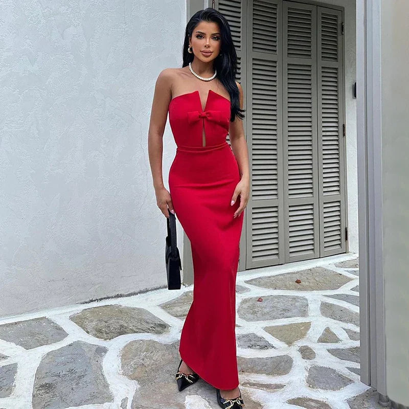 Elegant Red Maxi Dress Casual Streetwear Party