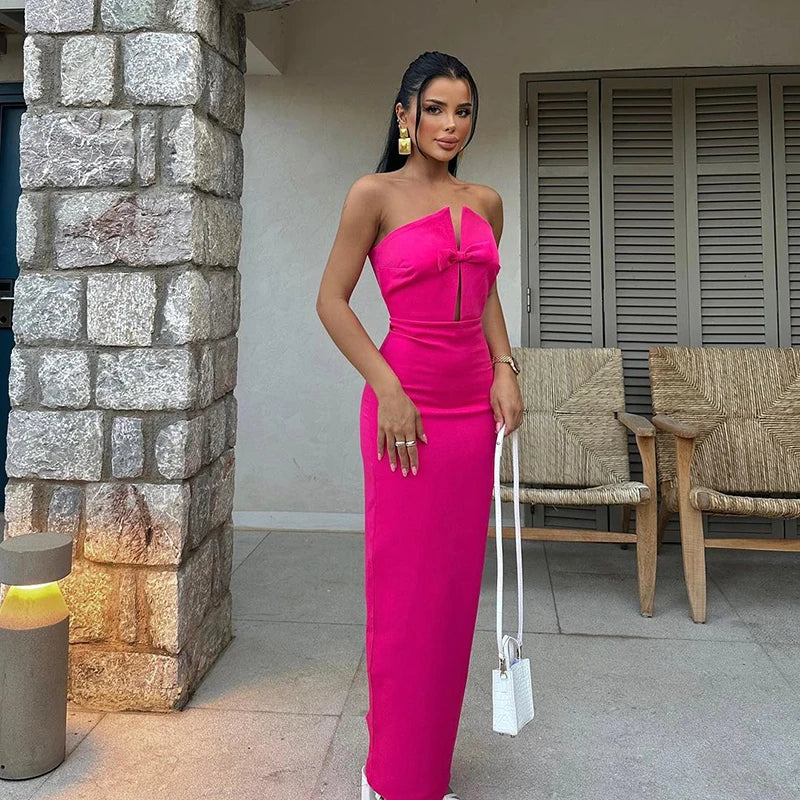 Strapless Slim Hollow Out Maxi Red Party Dress