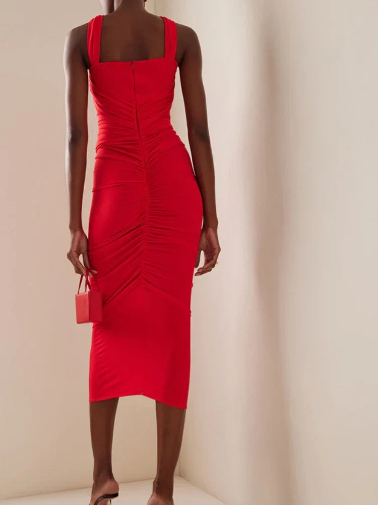 Sleeveless Flower Design Bodycon Midi Dress Cross Sling Cut Out Party