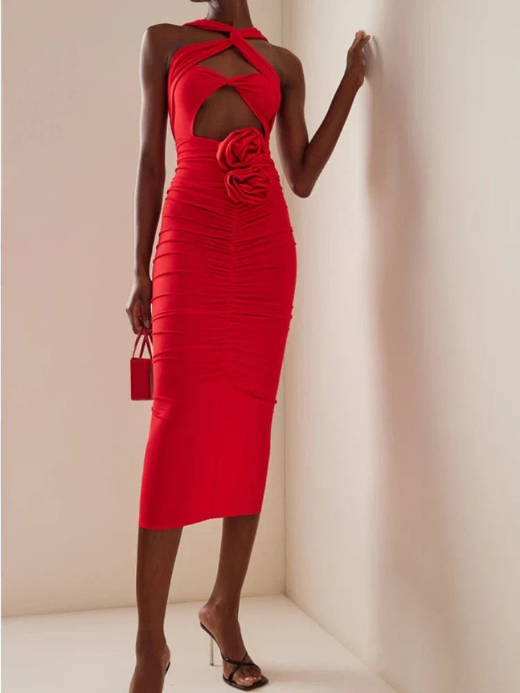 Sleeveless Flower Design Bodycon Midi Dress Cross Sling Cut Out Party