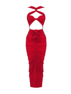 Sleeveless Flower Design Bodycon Midi Dress Cross Sling Cut Out Party