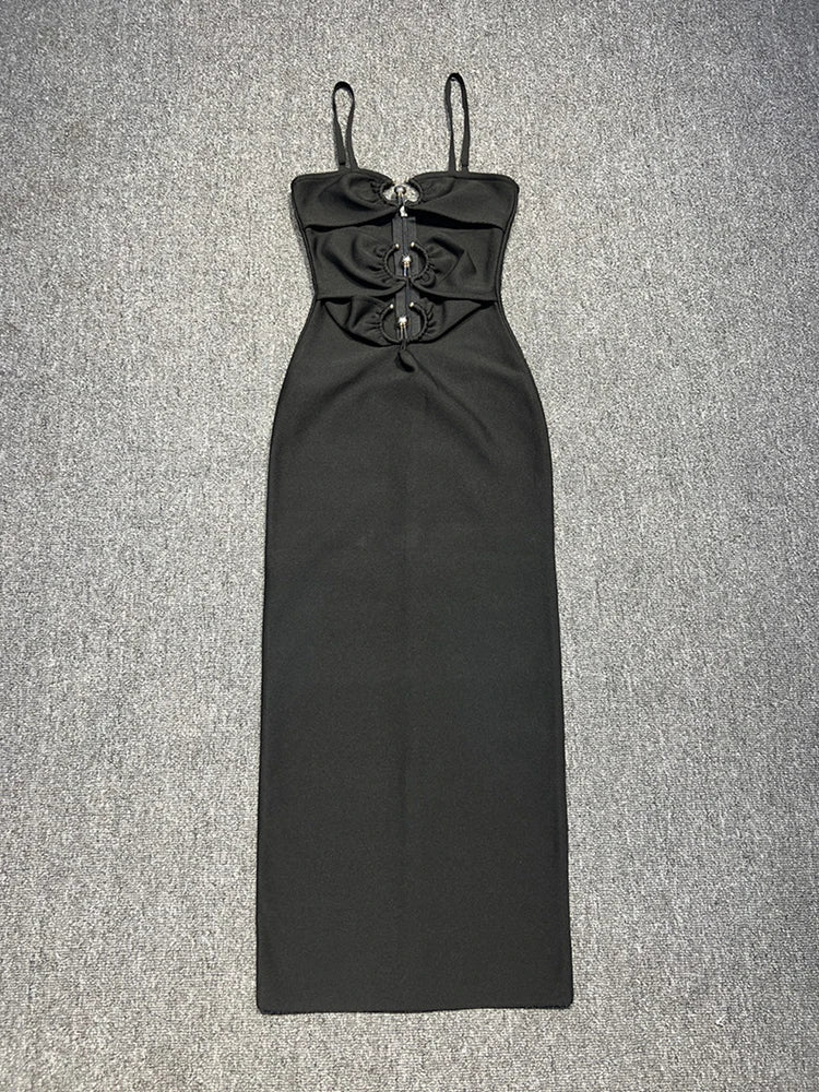 Spaghetti Strap Hollow Out Bandage Black Green Sleeveless Party Dress