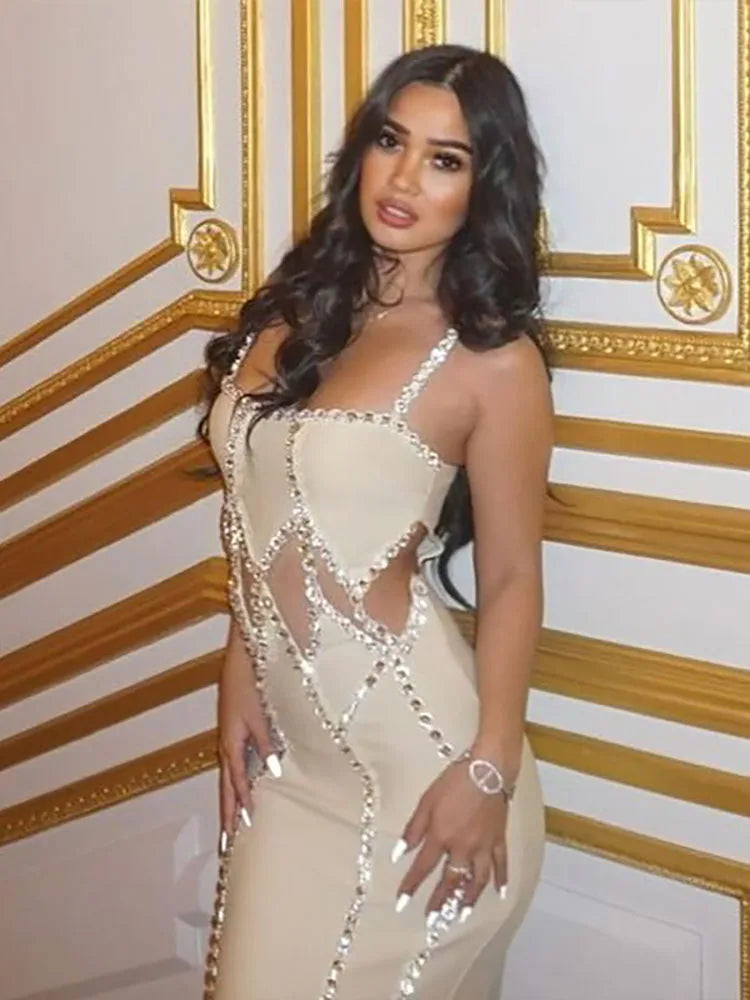 Spaghetti Strap Hollow Out Crystal Bandage Dress Sleeveless Party