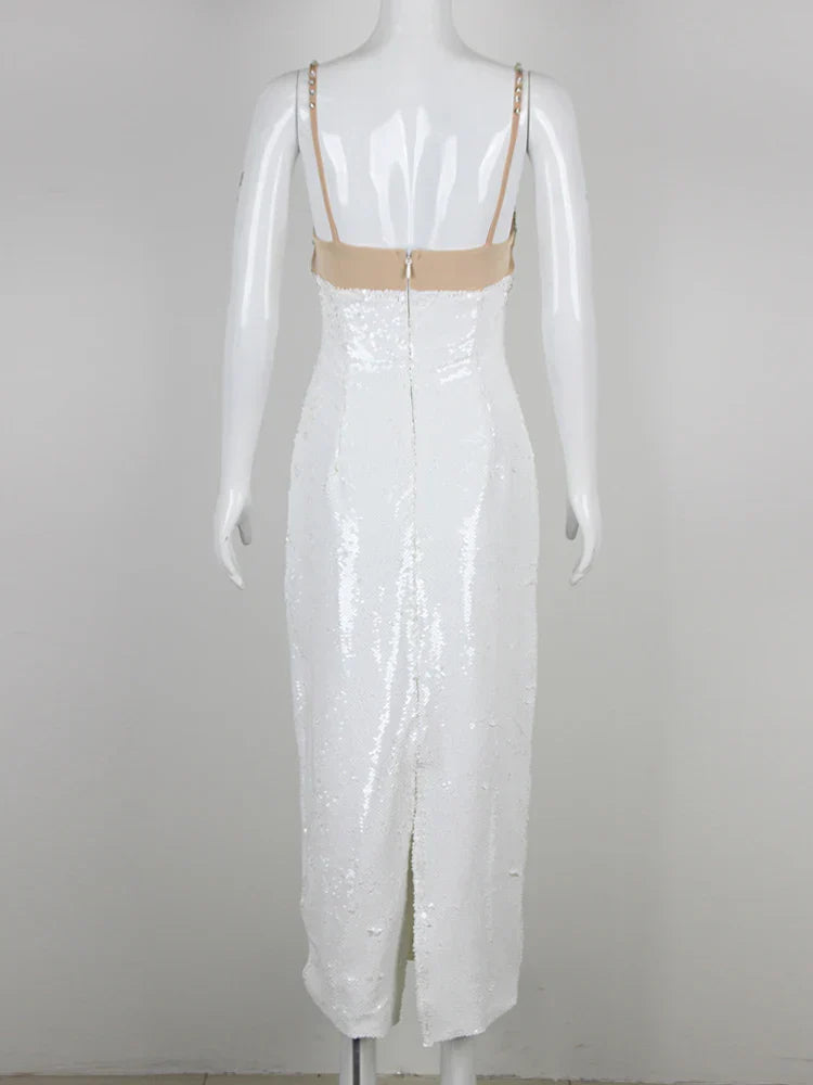 Spaghetti Strap Luxury Diamond Sequin Dress White Backless Midi Party