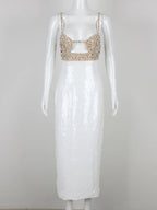 Spaghetti Strap Luxury Diamond Sequin Dress White Backless Midi Party