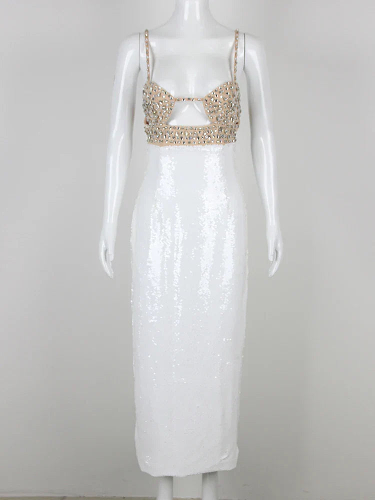 Spaghetti Strap Luxury Diamond Sequin Dress White Backless Midi Party