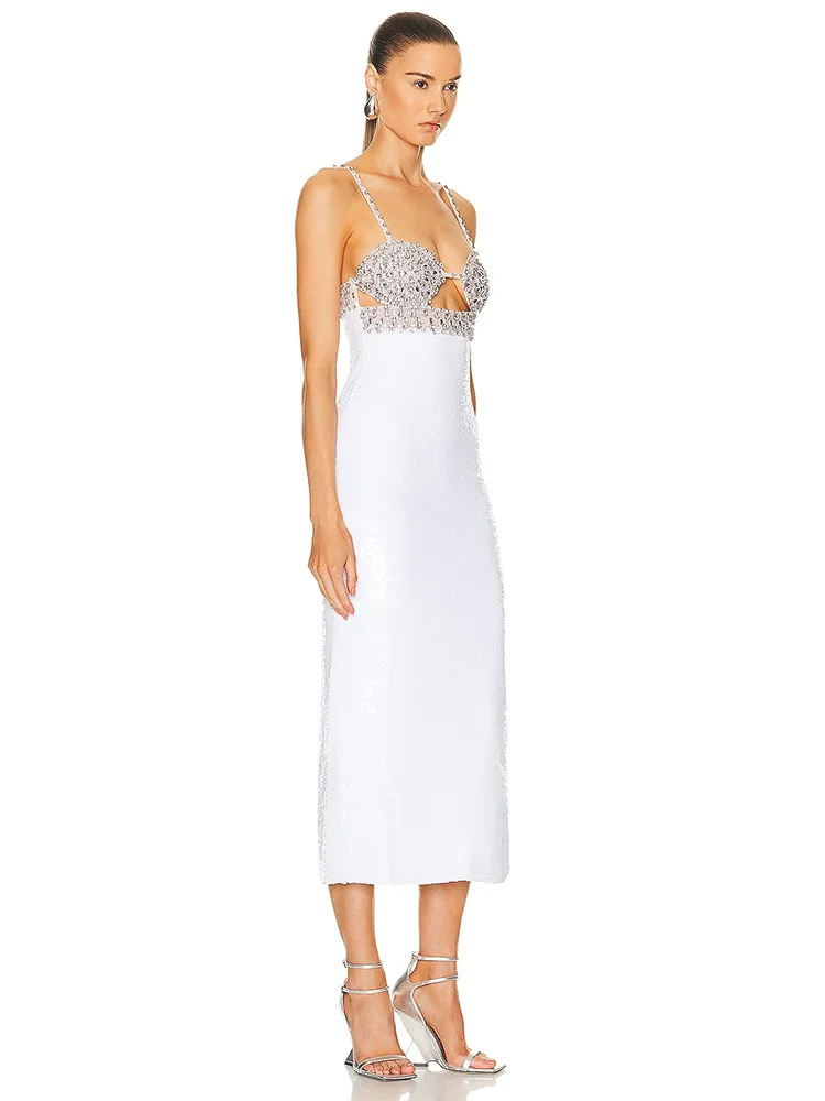 Spaghetti Strap Luxury Diamond Sequin Dress White Backless Midi Party